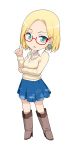  blonde_hair chibi claudia_madobe earrings glasses highres jewelry red-framed_glasses semi-rimless_glasses simple_background solo standing sweater under-rim_glasses unmoving_pattern white_background windows 