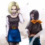  1girl android_17 android_18 belt black_hair black_legwear blonde_hair brother_and_sister collarbone denim_skirt dragon_ball dragon_ball_z dragonball_z earrings jeans jewelry looking_at_viewer looking_back pantyhose siblings skirt smile t-shirt torn_clothes torn_pantyhose yattuke 