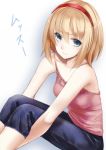  alice_margatroid blonde_hair blue_eyes camisole contemporary hairband hands_under_legs jeans looking_at_viewer solo takemori_shintarou touhou translated translation_request 