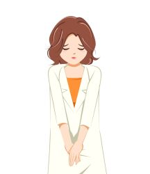  1girl apologizing asken blush brown_hair camisole closed_eyes closed_mouth coat commentary_request cowboy_shot forehead head_down highres lab_coat long_sleeves miki_(asken) official_art orange_camisole parted_bangs raised_inner_eyebrows short_hair simple_background solo wavy_hair white_background white_coat 