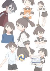  1girl absurdres alternate_costume alternate_hairstyle apron ball bespectacled black_shorts blue_shirt brown_eyes brown_hair brown_sailor_collar brown_skirt cleaning_brush commentary_request cowboy_shot full_body glasses gym_uniform hair_down highres jacket kantai_collection multiple_views orange_apron pleated_skirt ponytail red_jacket sailor_collar sailor_shirt school_uniform serafuku shikinami_(kancolle) shirt short_hair shorts simple_background skirt track_jacket upper_body volleyball_(object) wachi_(hati1186) white_background white_shirt 