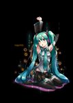  aqua_eyes aqua_hair armpits arms_up bare_shoulders black_background caffein character_name detached_sleeves hatsune_miku headphones highres long_hair looking_at_viewer necktie open_mouth sitting skirt solo stretch thigh-highs thighhighs twintails very_long_hair vocaloid zettai_ryouiki 
