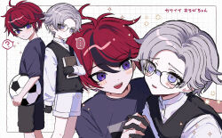  ... 2boys :d ? aged_down ahoge aotsuki_eito ball black_shorts black_streaks black_vest blue_eyes blue_shirt book commentary_request glasses gloves grey_hair highres hirabi holding holding_ball holding_book holding_hands interlocked_fingers male_focus multicolored_hair multiple_boys red_hair shirt short_hair shorts smile soccer_ball sparkle spoken_ellipsis spoken_question_mark streaked_hair sumino_takumi the_hundred_line_-last_defense_academy- two-tone_hair vest violet_eyes white_shirt white_shorts 