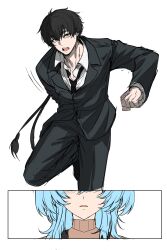  1boy 1girl absurdres black_hair black_jacket black_necktie black_pants blue_hair commentary english_commentary highres jacket leg_up long_hair male_rover_(wuthering_waves) necktie open_mouth pants parted_lips removing_shoes rover_(wuthering_waves) shorekeeper_(wuthering_waves) tu_thanh unfinished wuthering_waves yellow_eyes 