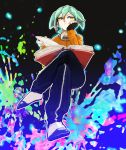  baggy_pants book crossed_legs fei_rune fingerless_gloves gloves green_eyes green_hair inazuma_eleven inazuma_eleven_(series) inazuma_eleven_go inazuma_eleven_go_chrono_stone legs_crossed long_hair sitting toyokanko 