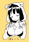  between_breasts bikini_top black_hair breasts closed_eyes copyright_request cuteg eyes_closed hamster hoodie monochrome solo 