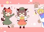  animal_ears arm_up bow brown_hair cat_ears cat_tail chen closed_eyes dress drooling ear_piercing eyes_closed fang green_dress hat hat_with_ears heart highres kaenbyou_rin letterboxed mizuga multiple_girls multiple_tails open_mouth outstretched_arms paw_print piercing posing red_hair redhead shirt short_hair skirt skirt_set smile standing_on_one_leg tabard tail touhou white_dress yakumo_ran 