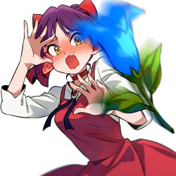  1girl black_ribbon blue_flower blush bow brooch choker commentary dress ear_blush fang flower flustered gegege_no_kitarou hair_bow hand_up highres jewelry leaf looking_at_flowers motion_blur neck_ribbon nekomusume nekomusume_(gegege_no_kitarou_6) open_mouth pinafore_dress pointy_ears purple_hair red_bow red_choker red_dress ribbon shirt short_hair silanduqiaocui simple_background skin_fang sleeveless sleeveless_dress solo standing throwing upper_body white_background white_shirt yellow_eyes 