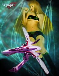  3d blonde_hair closed_eyes cockpit ex-gear gerwalk highres lips long_hair macross macross_frontier mars_br mecha microphone motion_blur power_suit realistic sheryl_nome short_shorts shorts singing tubetop vf-25 