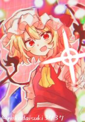  1girl ascot blonde_hair blush bow collared_shirt commentary crystal crystal_wings danmaku fang flandre_scarlet frilled_shirt_collar frills hat hat_bow incoming_attack looking_at_viewer mob_cap multicolored_wings nekodaisuki3737 open_mouth puffy_short_sleeves puffy_sleeves red_bow red_eyes red_skirt red_vest shirt short_sleeves skirt skirt_set smile solo touhou twitter_username vest white_hat white_shirt wings yellow_ascot 