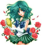  aqua_hair bishoujo_senshi_sailor_moon blue_eyes bow brooch choker deep_aqua_mirror dress flower gloves green_dress jewelry kaiou_michiru long_hair magical_girl pleated_skirt red_rose ribbon rose sailor_neptune shirataki_kaiseki skirt smile solo tiara white_background 