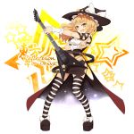  :d adapted_costume album_cover alternate_costume blonde_hair bow braid cover electric_guitar guitar hat hat_bow instrument jungetsu_hoko kirisame_marisa long_hair open_mouth single_braid smile solo star striped striped_legwear thigh-highs thighhighs touhou uruu_gekka witch witch_hat wrist_cuffs yellow_eyes 