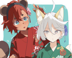  2girls animal_ear_fluff animal_ears black_hairband blue_eyes blush coldcat. commentary flower fox_ears fox_girl fox_tail green_kimono grey_eyes gundam gundam_suisei_no_majo hair_between_eyes hair_flower hair_ornament hairband hand_on_another's_ear highres japanese_clothes kimono miorine_rembran multiple_girls open_mouth raccoon_ears raccoon_girl raccoon_tail red_hair red_kimono short_hair suletta_mercury tail teeth upper_body upper_teeth_only white_hair 