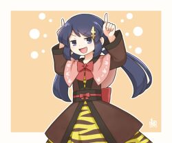  1girl animal_print artist_logo blue_eyes blue_hair bow bowtie brown_dress brown_jacket capelet check_commentary commentary_request dress fang hair_bow hair_ornament horns_pose jacket jitome kitagawa_suigetsu kitagawa_suigetsu_(character) logo looking_at_viewer low_twintails open_mouth orange_background original pink_capelet red_bow red_bowtie solo tiger_print twintails two-tone_dress white_bow yellow_dress 