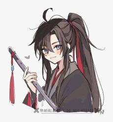  1boy ahoge androgynous bishounen black_hair black_hanfu blush brown_hair chenqing_flute chinese_clothes closed_mouth commentary_request dizi flute flute_tassel grandmaster_of_demonic_cultivation grey_background grey_eyes hair_between_eyes hair_ribbon hanfu heart holding holding_flute holding_instrument instrument long_hair long_sleeves looking_at_viewer male_focus ponytail red_ribbon ribbon robe sidelocks simple_background smile solo tassel transverse_flute upper_body watermark wei_wuxian white_background ymrxx_(kamihurai) 