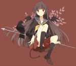  bad_id bat_wings bird brown_hair holding long_hair original polearm red_background red_eyes school_uniform simple_background skirt solo tail trident uramakaron weapon wings 