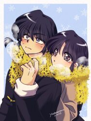  1boy 1girl :o black_hair blue_background blue_eyes blush braid brown_eyes chinese_clothes closed_mouth commentary_request hetero highres ranma_1/2 saotome_ranma saotome_ranma_(male) scarf shared_clothes shared_scarf short_hair single_braid snowflake_background split_mouth tangzhuang tendou_akane torn_clothes torn_scarf yodare 