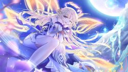 1girl blonde_hair blue_eyes dress energy_wings full_moon genshin_impact halo hand_on_own_face hands_on_own_face hands_up leaning_forward long_hair looking_at_viewer moon mountain nicole_(genshin_impact) night night_sky one_eye_closed pantyhose pokira sitting solo white_dress white_pantyhose wink yellow_halo
