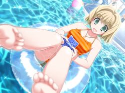  :d afloat ahoge akata_itsuki amaizumi_uni ball barefoot beachball bikini blonde_hair blurry depth_of_field dutch_angle feet game_cg gengetsu_no_pandora green_eyes handheld huge_ahoge innertube jewelry mole necklace open_mouth playing_games pool short_hair smile soles solo swimsuit tankini water 