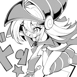  1girl blush blush_stickers boots cape dark_magician_girl deformed detached_sleeves duel_monster greyscale hair_between_eyes hat highres holding holding_wand long_hair monochrome open_mouth pentacle pentagram phrygian_helmet qusouzu_mogari showgirl_skirt simple_background skirt smile solo star_(symbol) wand white_background wizard_hat yu-gi-oh! yu-gi-oh!_duel_monsters 