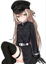  1girl belt black_gloves black_shirt black_skirt black_thighhighs breasts brown_eyes brown_hair buttons gloves hair_between_eyes hair_ornament hairclip hat highres hololive hololive_english light_blush long_sleeves looking_at_viewer medium_breasts military_uniform nanashi_mumei peaked_cap pleated_skirt rio567_jp shirt simple_background skirt thigh-highs thigh_strap white_background white_belt 