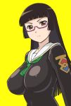  annoyed black_hair breasts brown_eyes chiaki_kurihara female glasses hime_cut impossible_clothes impossible_shirt large_breasts looking_at_viewer miniskirt_pirates pout school_uniform simple_background solo ueyama_michirou yellow_background 