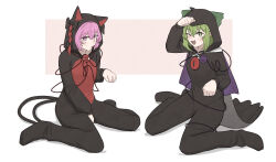  2girls absurdres alternate_costume animal_costume animal_hood bird_costume blush cape cat_costume cat_hood commentary commission cosplay disembodied_linked_eye english_commentary eyeball full_body green_eyes green_hair highres hood hood_up kaenbyou_rin kaenbyou_rin_(cat) kaenbyou_rin_(cosplay) komeiji_koishi komeiji_satori long_sleeves looking_at_viewer mata_(matasoup) multiple_girls one_eye_closed open_mouth paw_pose pink_eyes pink_hair print_cape reiuji_utsuho reiuji_utsuho_(bird) reiuji_utsuho_(cosplay) siblings sisters sitting smile starry_sky_print touhou two-sided_cape two-sided_fabric wariza white_cape 