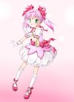  aya-bu blush bow bubble_skirt choker cosplay dress gloves gradient gradient_background green_eyes hair_bow hair_rings idol_tenshi_youkoso_youko kaname_madoka kaname_madoka_(cosplay) kneehighs long_hair magical_girl mahou_shoujo_madoka_magica mary_janes pink_background pink_hair puffy_sleeves ribbon shoes solo tanaka_youko twintails white_background white_legwear 