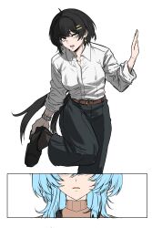  2girls absurdres black_hair black_pants black_shoes blue_hair breasts collared_shirt commentary english_commentary female_rover_(wuthering_waves) hair_ornament hairclip highres large_breasts leg_up long_hair multiple_girls pants parallel_hairclips parted_lips removing_shoes rover_(wuthering_waves) shirt shoes shorekeeper_(wuthering_waves) tu_thanh unfinished white_shirt wuthering_waves 