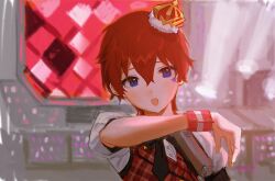  1girl :o blue_eyes commentary_request concert crown facial_mark hand_up highres idol idolmaster idolmaster_million_live! idolmaster_million_live!_theater_days julia_(idolmaster) mini_crown official_alternate_costume open_mouth plaid_clothes plaid_vest prologue_rouge_(idolmaster) puffy_short_sleeves puffy_sleeves red_hair red_vest short_hair short_sleeves solo star_(symbol) star_facial_mark upper_body vest wrist_cuffs yatatashira 