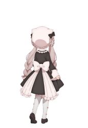  1girl apron black_bow blonde_hair bow braid broom frilled_headwear frilled_skirt frills from_behind highres holding holding_broom leggings long_hair magical_girl mahou_shoujo_ikusei_keikaku mahou_shoujo_ikusei_keikaku_restart maid nokko-chan official_art shoes skirt white_apron white_background white_leggings 