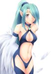  aqua_hair bare_shoulders blush breasts character_request circlet cleavage duel_monster feathers hair_over_one_eye harpie_queen highres komitsu long_hair navel pointy_ears ponytail purple_eyes simple_background smile solo very_long_hair violet_eyes white_background wings yu-gi-oh! yuu-gi-oh yuu-gi-ou 