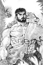  1boy beard boxing_gloves commentary cromwaits dougi english_commentary facial_hair forked_eyebrows headband highres karate_gi male_focus martial_arts_belt muscular muscular_male ryu_(street_fighter) solo street_fighter 