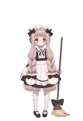  1girl apron black_bow blonde_hair bow braid broom frilled_headwear frilled_skirt frills from_behind highres holding holding_broom leggings light_blush long_hair magical_girl mahou_shoujo_ikusei_keikaku mahou_shoujo_ikusei_keikaku_restart maid nokko-chan official_art red_eyes shoes skirt white_apron white_background white_leggings 