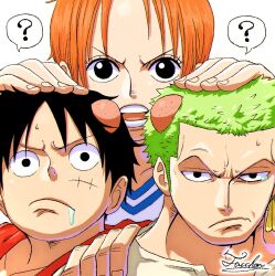  1girl 2boys ? black_eyes black_hair closed_mouth commentary drooling earrings green_hair hand_on_another's_head hand_on_another's_shoulder head_bump highres jewelry looking_at_viewer monkey_d._luffy multiple_boys nami_(one_piece) one_piece open_mouth orange_hair portrait red_vest roronoa_zoro scar scar_on_cheek scar_on_face shirt short_hair signature spoken_question_mark straw_hat_pirates sweatdrop tacchan56110 upper_body v-neck vest white_shirt 