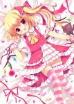  :d azumi_kazuki blonde_hair blush flandre_scarlet highres lying open_mouth petals purple_eyes side_ponytail smile solo striped striped_legwear stuffed_animal stuffed_toy sweets teddy_bear thigh-highs thighhighs touhou violet_eyes wings wrist_cuffs 