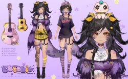 1girl asymmetrical_legwear bandaid bandaid_on_leg bare_shoulders black_hair black_shirt black_shoes bow braid choker chrchie closed_mouth colored_inner_hair cropped_shirt dark-skinned_female dark_skin full_body glasses guitar hair_between_eyes hair_bow hair_ornament highres horns indie_virtual_youtuber instrument legs lizard lizard_tail long_hair long_sleeves midriff mismatched_legwear multicolored_hair multiple_views naiichie navel official_alternate_costume official_art purple_choker purple_hair purple_horns purple_shirt purple_socks purple_tail reference_sheet reptile_girl round_eyewear shirt shoes short_sleeves skirt sleep_mask socks sphere_hair_ornament spiked_thigh_strap star_(symbol) striped_clothes striped_socks striped_thighhighs suspender_skirt suspenders tail thigh-highs torn_clothes torn_shirt torn_thighhighs twin_braids twintails virtual_youtuber white_shirt yellow_eyes yellow_skirt yellow_socks