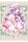  blush capelet clover coat crescent dress frame hair_ribbon hat long_hair open_clothes open_coat patchouli_knowledge purple_hair red_eyes ribbon smile solo striped striped_dress tamichan touhou wide_sleeves 