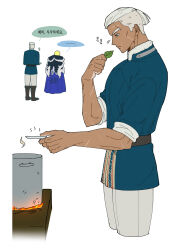  ... 2boys belt blonde_hair blue_tunic brown_belt commentary_request cooking dark-skinned_male dark_skin dedue_molinaro dedue_molinaro_(timeskip) dimitri_alexandre_blaiddyd dimitri_alexandre_blaiddyd_(timeskip) fire_emblem fire_emblem:_three_houses grey_pants highres holding holding_leaf leaf male_focus multiple_boys multiple_scars nig3rundayo pants ponytail scar scar_on_arm scar_on_chin scar_on_face scar_on_forehead simple_background speech_bubble spoken_ellipsis stove translation_request tunic white_background white_hair 