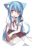  :o animal_ears blue_hair breasts cat_ears cat_tail fang long_hair mizuki_(koko_lost) original skirt solo suspenders tail thigh-highs thighhighs white_legwear 