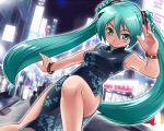  aqua_eyes aqua_hair bracelet china_dress chinese_clothes city dutch_angle hatsune_miku jewelry long_hair smile solo tsukinowa_kumatarou twintails very_long_hair vocaloid 