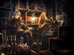  book bookshelf chair clock cup drawer glasses gloves key lamp male minami_seira phonograph pixiv_fantasia pixiv_fantasia_sword_regalia room shelf sitting solo test_tube test_tubes white_hair 