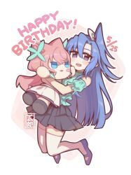  1girl :d absurdres black_skirt blue_eyes blue_hair blue_shoes blunt_ends bob_cut butterfly_hair_ornament clothes_lift commentary_request curtained_hair dated english_text floating_hair frilled_shirt frills green_shirt hair_between_eyes hair_ears hair_ornament happy_birthday high_side_ponytail highres holding holding_stuffed_toy jumping kazanari_tsubasa long_hair looking_at_viewer maria_cadenzavna_eve mary_janes namurou7676 off-shoulder_shirt off_shoulder open_mouth parted_bangs pink_background pink_hair seal_impression senki_zesshou_symphogear shirt shoes side_ponytail skirt skirt_lift smile solo stuffed_toy thigh-highs two-tone_background violet_eyes white_background white_thighhighs wispy_bangs 