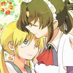  ascot blonde_hair brown_hair closed_eyes forehead_kiss green_eyes hayate_no_gotoku! hitaishou_chiritori kiss long_hair lowres maid maid_headdress maria multiple_girls sanzen&#039;in_nagi sanzen'in_nagi smile twintails wink 