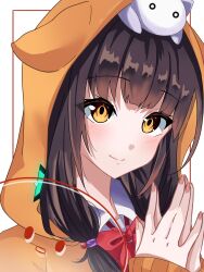  1girl \||/ animal_ears animal_hood animal_on_head asakura_karen_(heaven_burns_red) black_hair blunt_bangs blush bow bowtie cat cat_ears cat_hood cat_on_head closed_mouth commentary double_\||/ e69465 eyelashes fake_animal_ears fingernails hair_bobbles hair_ornament hands_up heaven_burns_red highres hood hood_up hoodie long_hair looking_at_viewer low_twintails o_o on_head orange_eyes orange_hoodie own_hands_clasped own_hands_together red_bow red_bowtie simple_background sleeves_past_wrists smile solo twintails white_background 