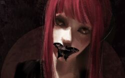  1girl animal_on_face anirrie black_shirt bug butterfly chainsaw_man commentary english_commentary highres horror_(theme) long_hair looking_at_viewer makima_(chainsaw_man) realistic red_hair shirt solo staring yellow_eyes 