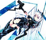  blue_eyes blush boots dual_wielding dutch_angle extended_magazine gloves gun hair_ornament long_hair looking_at_viewer navel neon_trim nosuku original pistol silver_hair smile solo thigh-highs thigh_boots thighhighs weapon 