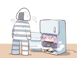 1girl :3 cat_girl cocomayo29_(tomato) commentary_request hair_between_eyes hololive hood hoodie korean_commentary long_sleeves looking_at_another nekomata_okayu nekomata_okayu_(oversized_shirt) onigirya_(nekomata_okayu) puffy_sleeves purple_hair refrigerator sweat virtual_youtuber 