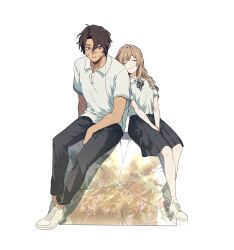  1boy 1girl alternate_skin_color alternate_universe bandaid bandaid_on_face bandaid_on_nose black_skirt brown_hair catherine_(project_moon) collared_shirt commentary_request heathcliff_(project_moon) highres korean_commentary lightened_skin limbus_company long_hair mangsug12_40 open_mouth pleated_skirt project_moon school_uniform shirt shoes sidelocks sitting skirt sneakers tan violet_eyes wavy_hair white_shirt white_shoes 