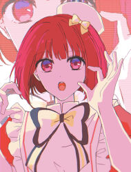  1girl arima_kana bob_cut bow chest_bow dress gloves hat hat_ribbon highres idol idol_clothes inverted_bob mini_hat open_mouth oshi_no_ko pop_in_2 puffy_sleeves red_dress red_eyes red_hair ribbon short_hair solo user_vpxz2483 white_gloves white_hat 